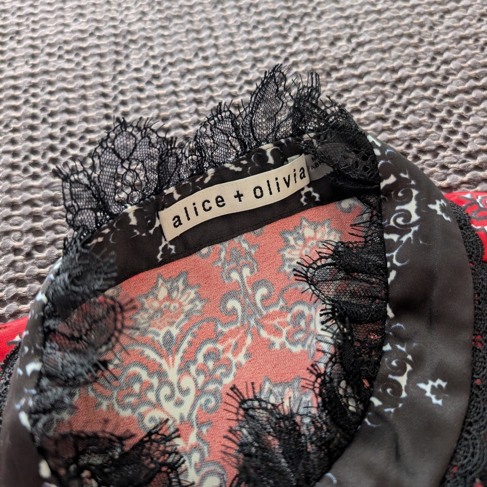 Alice + Olivia Red and Black Floral Sheer Blouse - Picture 3 of 6